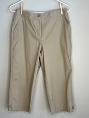 Talbots Petites Khaki Stretch Cropped Capri Pants Button Hem Accent Size 6P